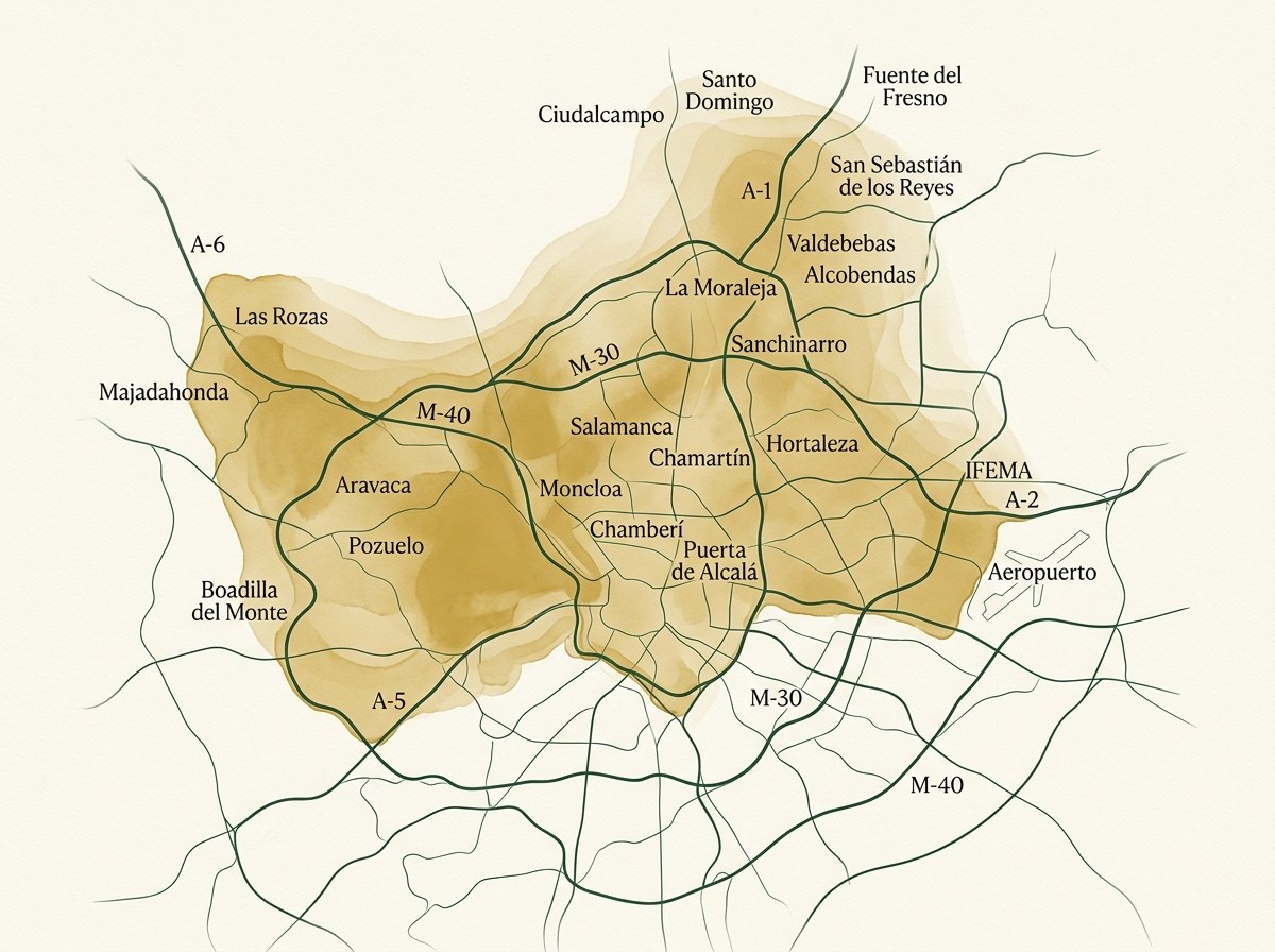 Mapa ilustrado de las zonas de cobertura de ANNA en Madrid: Eje A6, Eje A1 y Centro M30