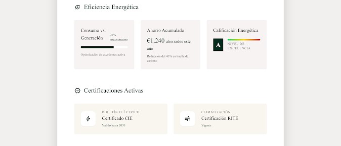 Ejemplo de sección de eficiencia energética en el informe técnico ANNA, con consumo frente a generación, ahorro estimado y calificación energética.