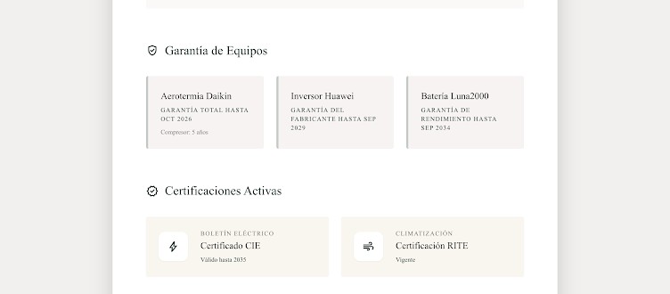 Ejemplo de sección de garantías de equipos en el informe técnico ANNA, con la cobertura de cada equipo y sus certificaciones activas.
