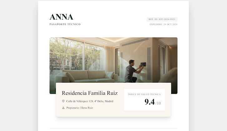 Ejemplo de cabecera del Pasaporte Técnico ANNA, con la vivienda, el propietario y el índice de salud técnica.